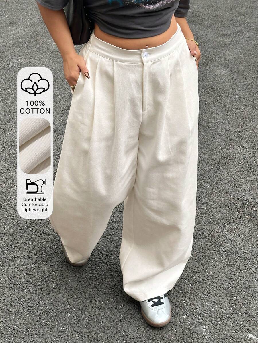 Dazy Plus Plus Size Women Solid Color Casual Loose Fit Long Pants, Versatile For Commuting, All Season, Spring/Summer, White - White - View 1