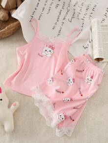 女童蝴蝶兔子图案“快乐”印花吊带背心配蕾丝边和短裤睡衣套装，休闲家居服 - 粉色 - 查看 1
