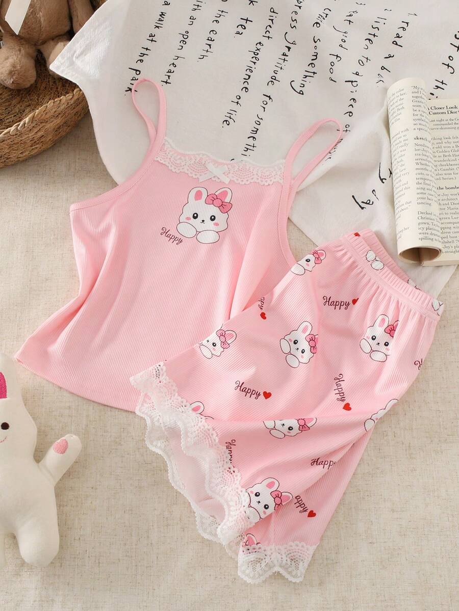 女童蝴蝶兔子图案“快乐”印花吊带背心配蕾丝边和短裤睡衣套装，休闲家居服 - 粉色 - 查看 1