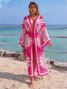 Swim Lushoire 女士度假沙滩网纱面料数码印花喇叭袖松紧腰抽绳系带度假和服浴袍 - 玫紅色 - 查看 3