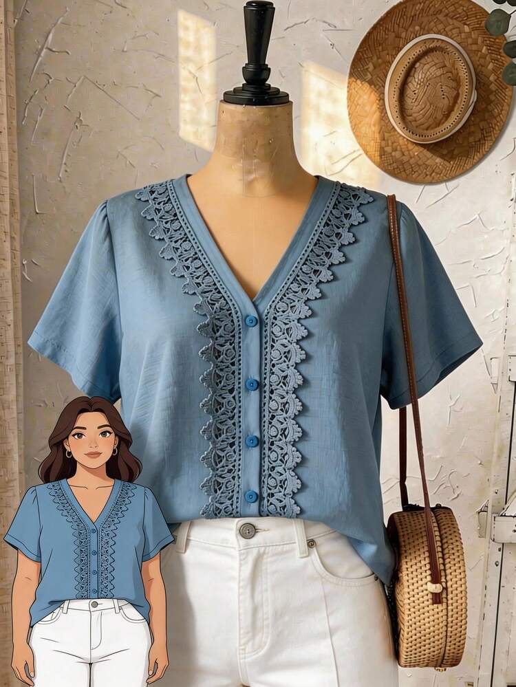 Plus Size Women's Solid Color Contrast Lace Short Sleeve Elegant Blouse