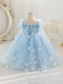 Glamorique Kids 女婴公主裙，蓝色网纱连衣裙，蓝色公主裙，雪花印花网纱蓬蓬裙，白色毛边，派对礼服，优雅正式礼服，秋冬新品，四季皆宜，中东、欧洲和美洲，带披肩 - 藍色 - 查看 3