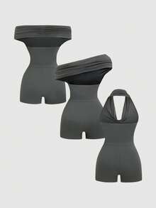 Sweetra Bộ jumpsuit bó sát 3 kiểu mặc: không dây/cổ yếm/vai lệch, co giãn, thoải mái, đa năng. - Màu xám đen - Xem 2