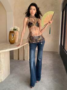 立领无袖修身豹纹镂空时尚薄纱夏季上衣 - 彩色 - 查看 6