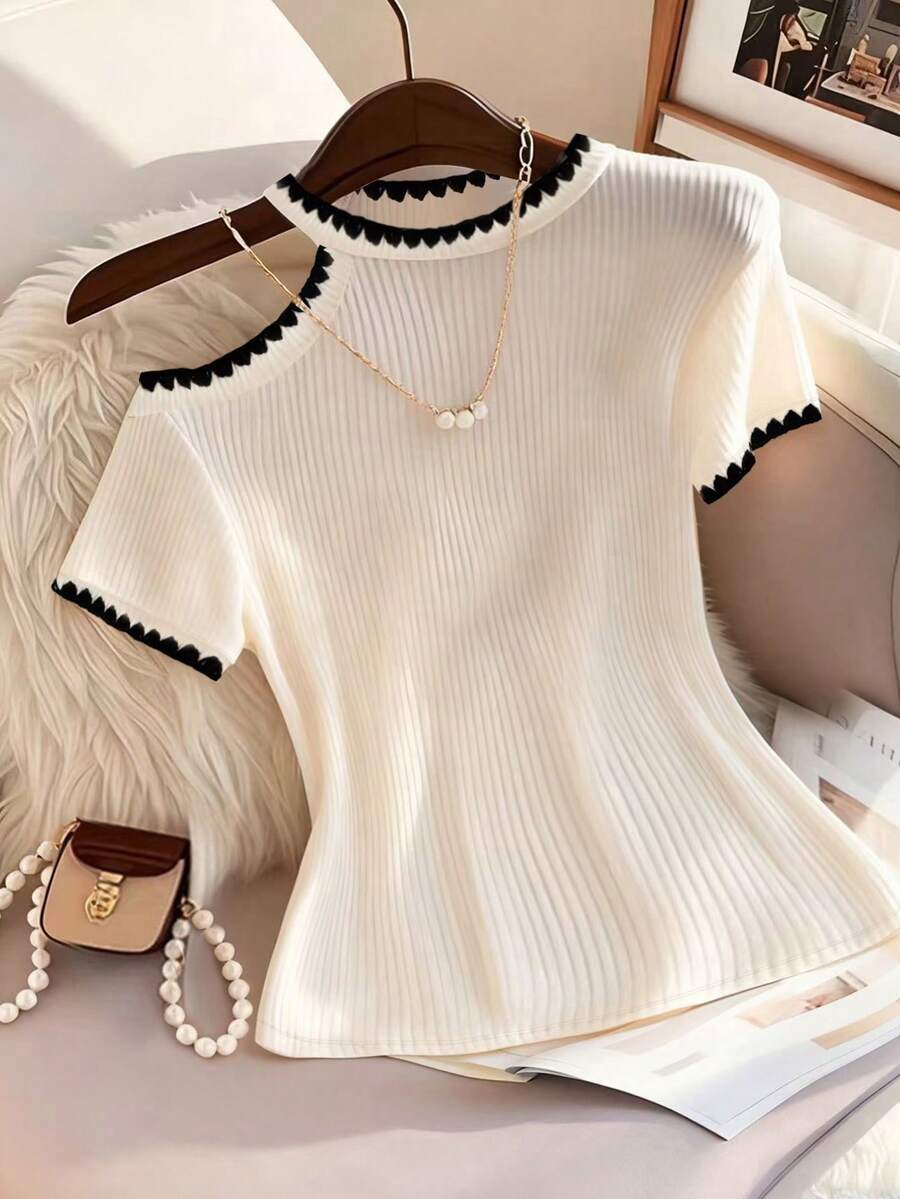 Franclia Women's Contrast Trim Round Neck Hollow Out Casual Short Sleeve T-Shirt - Apricot - View 1