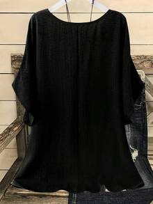 Linhara Plus Size Contrast Color Ruffle Dolman Sleeve V-Neck Casual Linen Shirt - Black - View 2