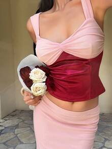 Serisse 春夏新款法式优雅撞色吊带背心和鱼尾裙套装 - 粉色 - 查看 6