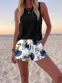 Sylviya 女士休闲圆领背心短裤套装（2件套），适合夏季，热带树叶印花 - 彩色 - 查看 4