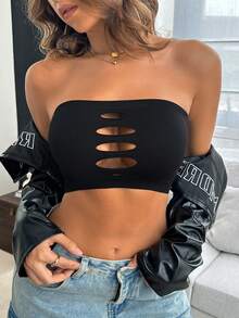 纯色镂空前筒形胸罩无肩带胸罩黑色抹胸抹胸上衣女式无肩带上衣抹胸上衣无肩带上衣 - 黑色 - 查看 5