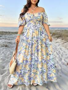 Vionelle 大码女式春夏休闲碎花露肩泡泡袖连衣裙 - 彩色 - 查看 4