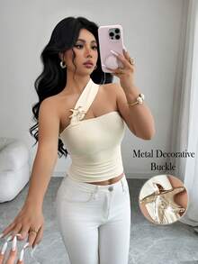 Flora Isola Flora Isola Women's Beige Summer Casual Sexy Beach Vacation Holiday Starfish One Shoulder Fitted Top,Sequin Ditsy Floral Mini Skirt Set,Elegant Party Date Fashion - Apricot - View 4