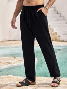 Mercer Haus Men's Breathable Thin Linen Loose Casual Sports Pants, Suitable For Beach, Spring/Summer - Black - View 6