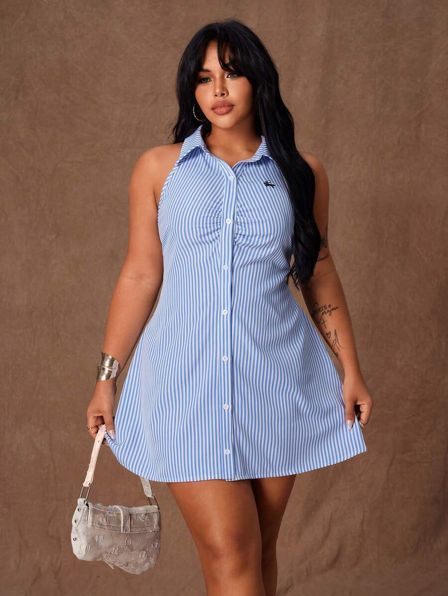 Rustia Đầm không tay kẻ sọc cài nút thường ngày cỡ lớn cho nữ - Màu xanh lam - Xem 1
