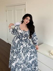 Vibekara Plus Size Blue And White Porcelain Print Long Dress, Casual For Spring And Summer Fall - Blue - View 7