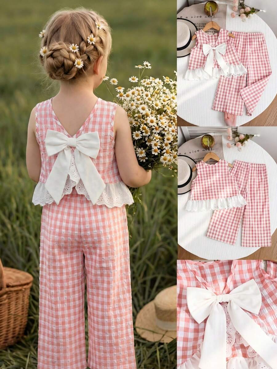 Emery Rose Kids Emery Rose Kids 2件套少女格子圆领休闲背心和裤子套装 - 粉色 - 查看 1