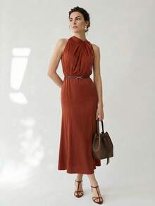 Uhlyne 优雅女士缎面棕栗色美人鱼长裙，适合宴会、朋友聚会、度假、婚礼等场合。 - 亮橙色 - 查看 1