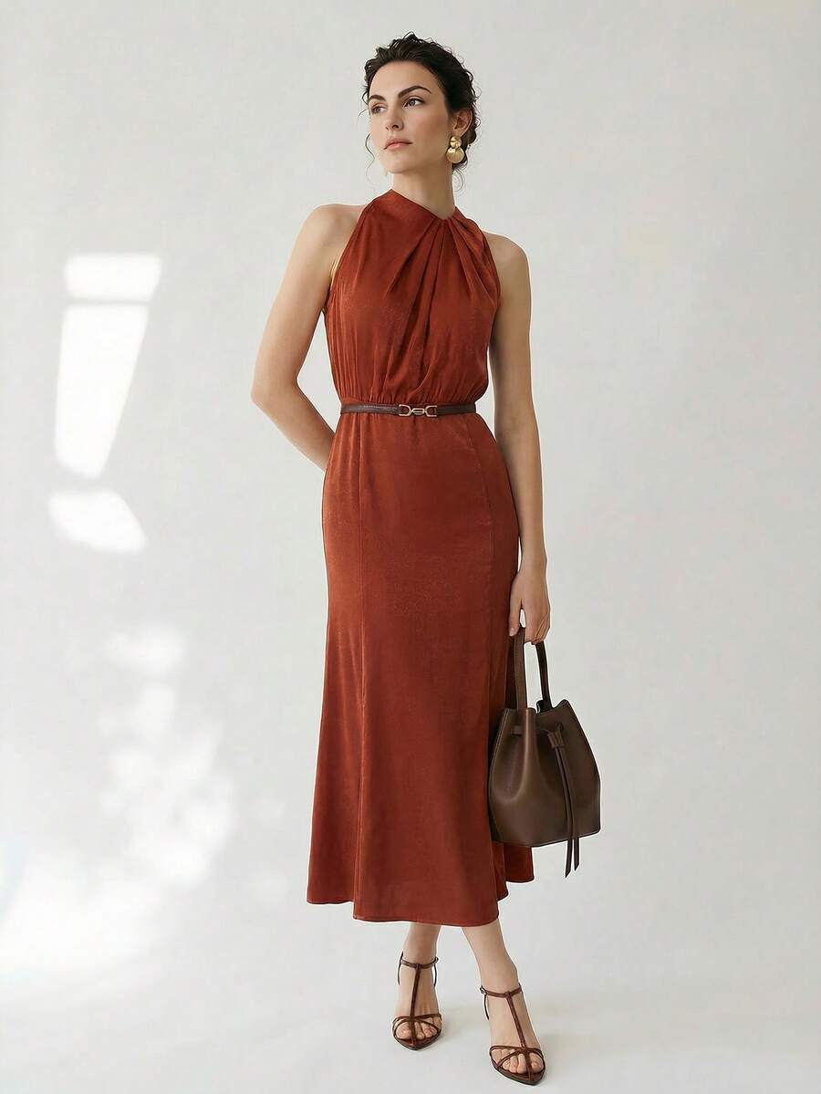 Uhlyne 优雅女士缎面棕栗色美人鱼长裙，适合宴会、朋友聚会、度假、婚礼等场合。 - 亮橙色 - 查看 1