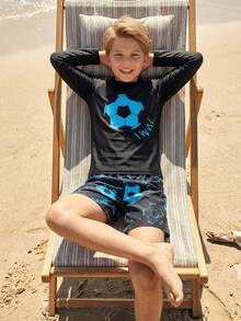 SHEIN Tween 男童休闲紧身夜光篮球印花 2 件装分体泳衣套装，适合春夏海滩度假 - 藍色 - 查看 3