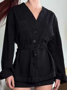 Abrilcols Blusa de mezclilla con botones delanteros y cintura para mujer - Negro - Ver 4