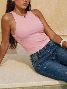 Swim Chiccia Women Plain Round Neck Sleeveless Simple Casual Top - Multicolor - View 5