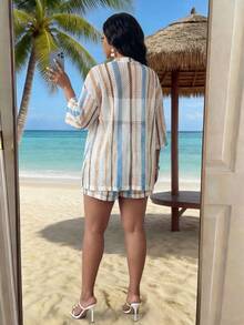 SHEIN Lady CURVE Bộ đồ len 2 món cho nữ cỡ lớn màu xanh và trắng sọc, trang phục dự tiệc hồ bơi ngày lễ mùa hè Coconut Girl mùa hè Boho Chic phong cách Boho trang phục nữ trang phục ăn trưa cho nữ trang phục sân bay cho nữ trang phục nghỉ mát trên bãi biển trang phục nghỉ mát thành phố trang phục ngày lễ trang phục phương Tây cho phụ nữ trang phục phương Tây cho phụ nữ cộng với trang phục nghỉ mát trên đảo mùa hè châu Âu trang phục tuần trăng mật trang phục phụ nữ Old Money South Beach trang phục bờ biển Amalfi bộ ren áo ren - Xanh và trắng - Xem 3