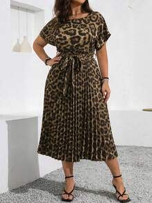 Vionelle Plus Size Spring/Summer New Leopard Print Round Neck Dolman Sleeve Belted Dress, Casual Vacation Loungewear - Brown - View 6