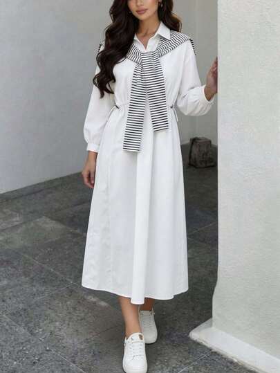 Solavon 腰部抽繩襯衫連衣裙帶條紋圖案披肩