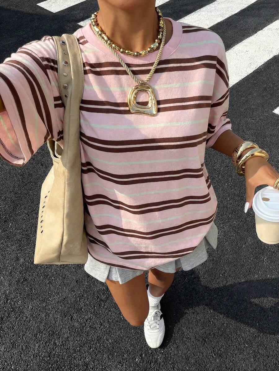 Muchica Áo thun nữ tay ngắn cổ tròn kẻ sọc kiểu dáng thường ngày - Nhiều màu - Xem 1