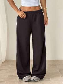 SHEIN PETITE Quần nỉ nữ dệt kim kiểu dáng thường ngày, có sọc bên hông, màu nâu đậm. - Màu nâu Sô-cô-la - Xem 7