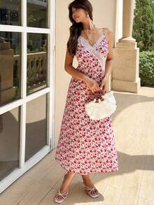 Serisse Vestido de tirantes finos de longitud media con estampado floral y encaje de contraste, ideal para vacaciones de verano en la playa - Rosa - Ver 7
