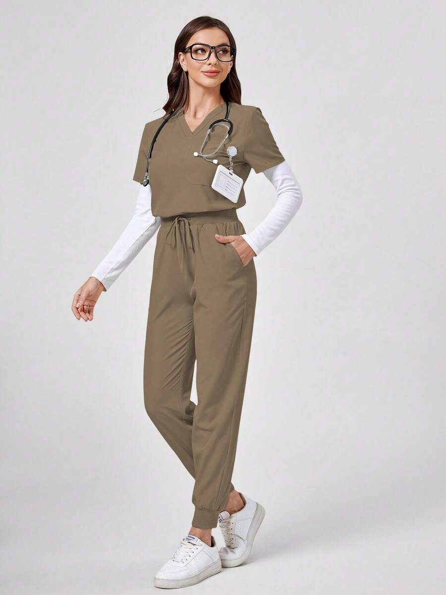 TaskEZ Conjunto de uniforme de pijama médico con top de manga corta y pantalones - Marrón - Ver 1