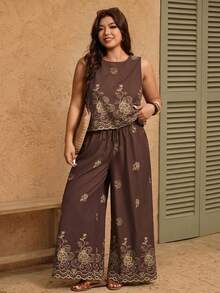 Elaquor Conjunto de 2 piezas de verano para mujer, blusa sin mangas con estampado retro y pantalones rectos, ropa casual de talla grande para vacaciones, ropa de playa, ropa de trabajo formal y atuendos de fiesta - Café integral - Ver 2