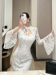 DAZY Đầm midi ren tay xòe màu trơn thanh lịch dành cho nữ. - trắng - Xem 5
