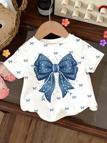 SHEIN Cute Sweet Girl Faux Denim Rhinestone Bow, Fashionable Elegant Delicate Bow Pattern, Baby Girl Casual Minimalist Round Neck Short Sleeve T-Shirt Suitable For Spring And Summer Daily Wear - Multicolor - View 6