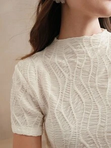 Anewsta 女士优雅度假沙滩休闲针织纹理褶皱杏色短袖T恤 - 杏色 - 查看 3