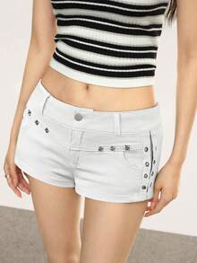 Rina Fox Quần short denim nữ có khoen kim loại, thích hợp cho mùa hè. - trắng - Xem 4