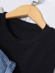 SHEIN 2pcs/Set Teenage Girls' Blue Washed Denim Short Sleeve Jacket And Black Knit Tank Dress, Casual & Versatile - Black - View 5