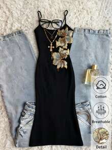 Cévolie 女士优雅度假连衣裙，适合春夏穿着，系带腰身设计，黑色修身连衣裙，花卉装饰连衣裙，正式礼服，女士晚礼服，女士派对礼服，吊带连衣裙 - 黑色 - 查看 1