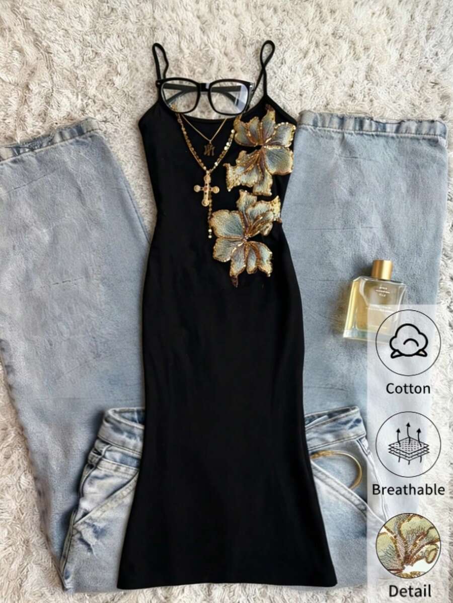 Cévolie 女士优雅度假连衣裙，适合春夏穿着，系带腰身设计，黑色修身连衣裙，花卉装饰连衣裙，正式礼服，女士晚礼服，女士派对礼服，吊带连衣裙 - 黑色 - 查看 1