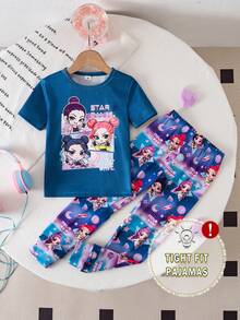 SHEIN 女童可爱休闲粉色云朵、星星、月亮格子印花短袖上衣和打底裤两件套睡衣 - 藏蓝色 - 查看 3