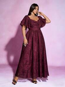 SHEIN PETITE CURVE Plus Size Comfortable Jacquard Casual Elegant Dress, Suitable For Spring And Summer Evening Formal Wedding Burgundy - Burgundy - View 3