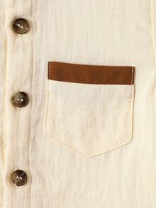 SHEIN 男童灰色休闲撞色滚边 Polo 领短袖衬衫，夏季度假套装 - 杏色 - 查看 8