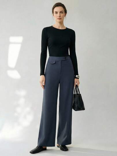 Uhlyne 女士优雅西装面料通勤纯色直筒裤，秋季简约商务休闲风，适合假日、工作、教师、返校、秋季穿着，尽显老钱风范