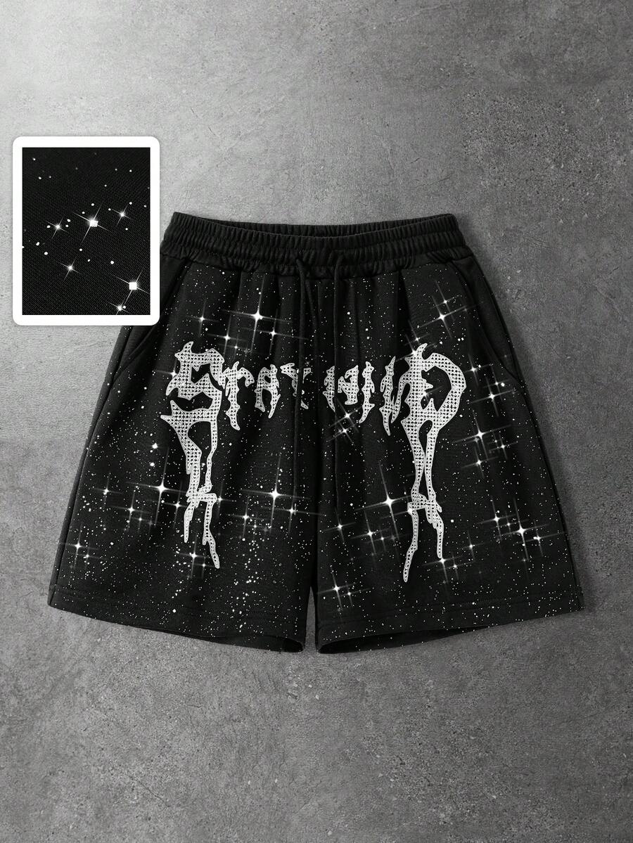 ROMWE MEN Street Life Pantalones cortos deportivos con estampado de letras, cintura con cordón y adornos de diamante de imitación para hombres - Negro - Ver 1