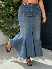 GalTyme Chân váy denim nữ cỡ lớn có túi và cúc, kiểu dáng thường ngày, đa năng, thích hợp cho hẹn hò và đi chơi. - Màu xanh lam - Xem 1