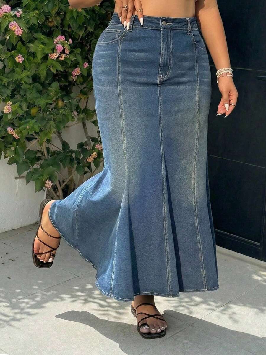 GalTyme Chân váy denim nữ cỡ lớn có túi và cúc, kiểu dáng thường ngày, đa năng, thích hợp cho hẹn hò và đi chơi. - Màu xanh lam - Xem 1