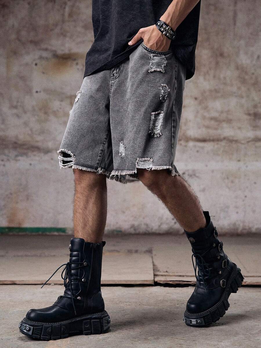 Skyrend Quần short denim sờn rách giản dị mùa xuân & hè cho nam Quần short denim trơn Quần short denim màu xám nhạt rộng thùng thình cho chồng, quà tặng bạn trai - Màu Xám nhạt - Xem 1