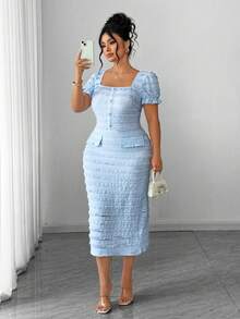 Elenzga Vestido Midi Bodycon Texturizado de Manga Curta com Decote Quadrado, Elegante, para Mulheres Plus Size - Azul - Visão 3