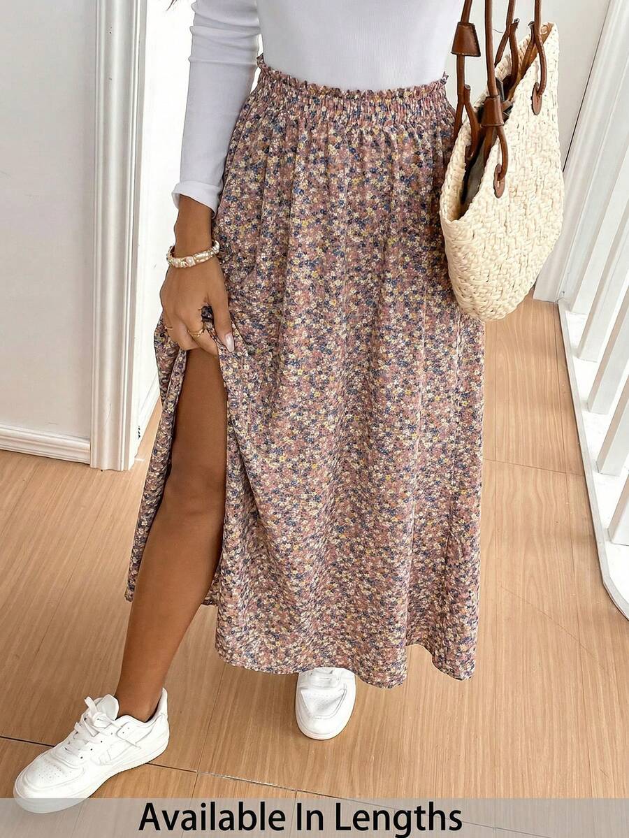 SHEIN Tall CURVE CURVE New Plus Size Women's Tall Girls Dusty Pink Summer Boho Everyday Holiday Ditsy Floral Side Slit Skirt,High-Waisted Vacation Skirts Vacation