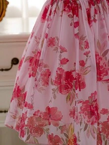 SHEIN Glamorique Kids 年轻女孩优雅迷人可爱粉色泡泡袖收腰奢华荷叶边连衣裙 - 粉色 - 查看 9